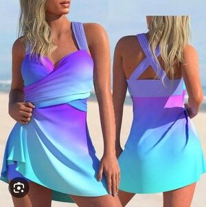 Ombre Shades Of Blue & Purple Tankini Dress & Bottoms Swimsuit